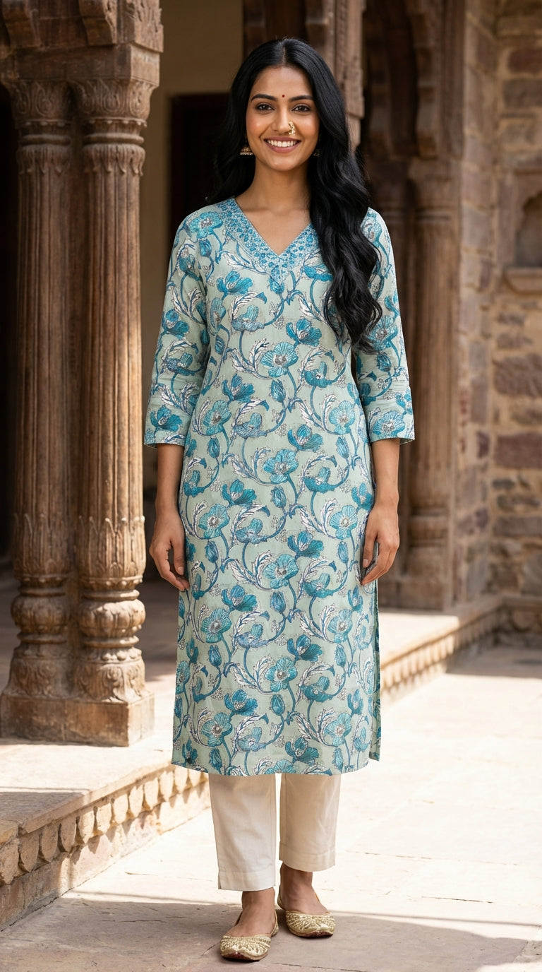 Green Cotton  Straight Kurta-700016