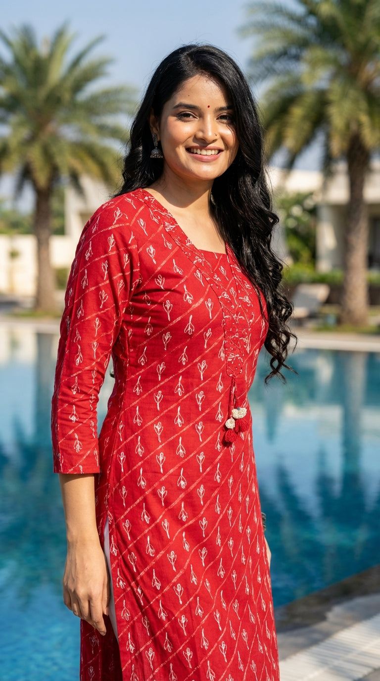 Red Cotton Straight Kurta-700022