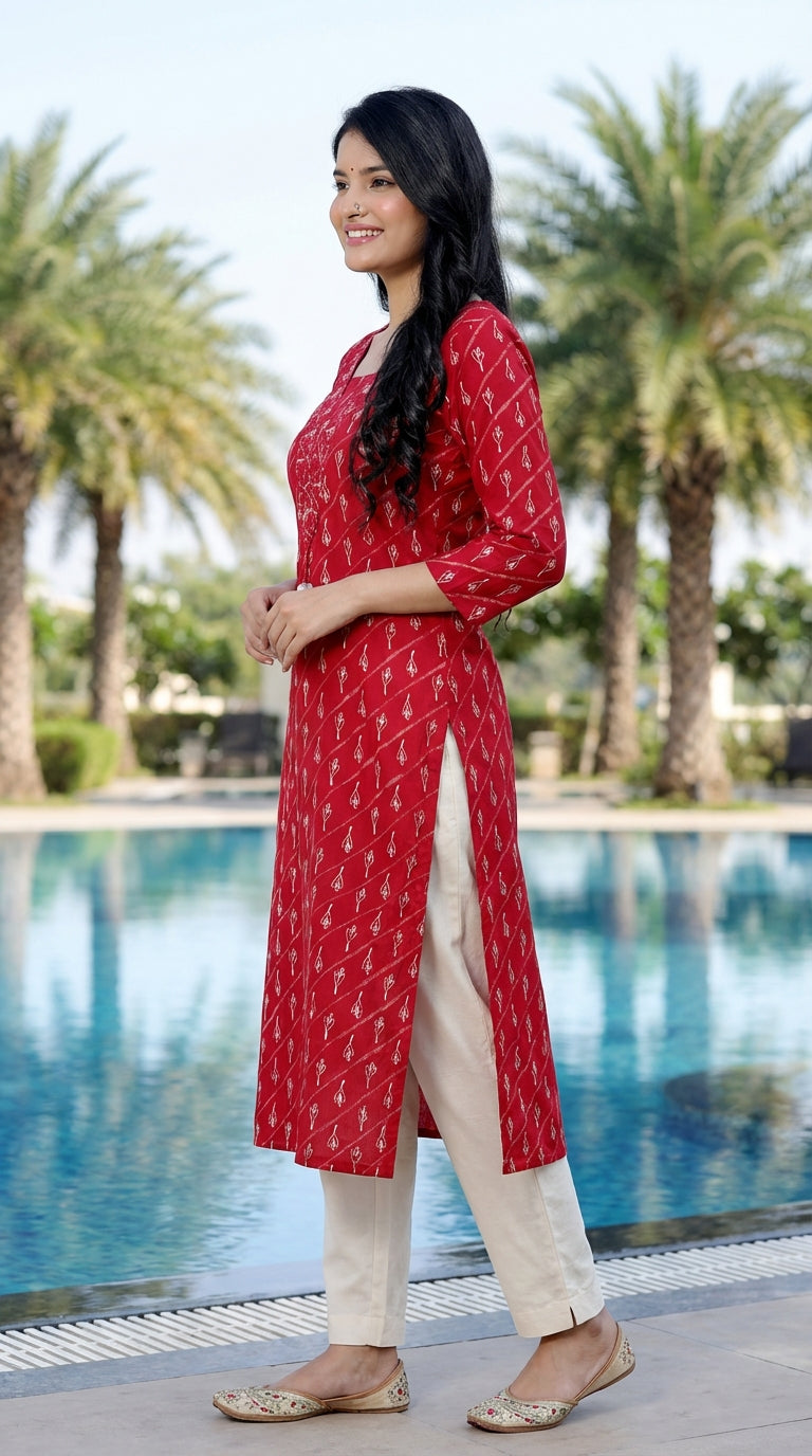 Red Cotton Straight Kurta-700022