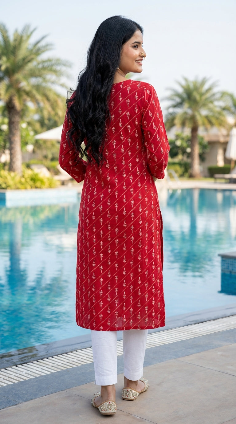 Red Cotton Straight Kurta-700022