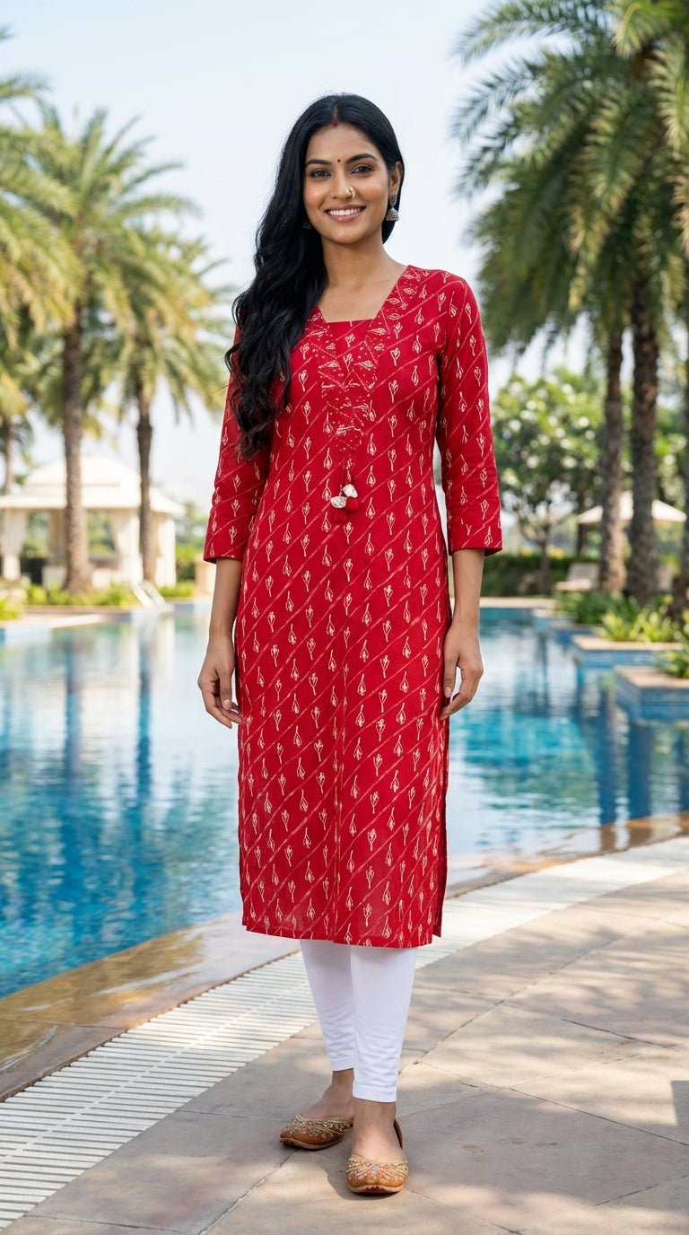 Red Cotton Straight Kurta-700022