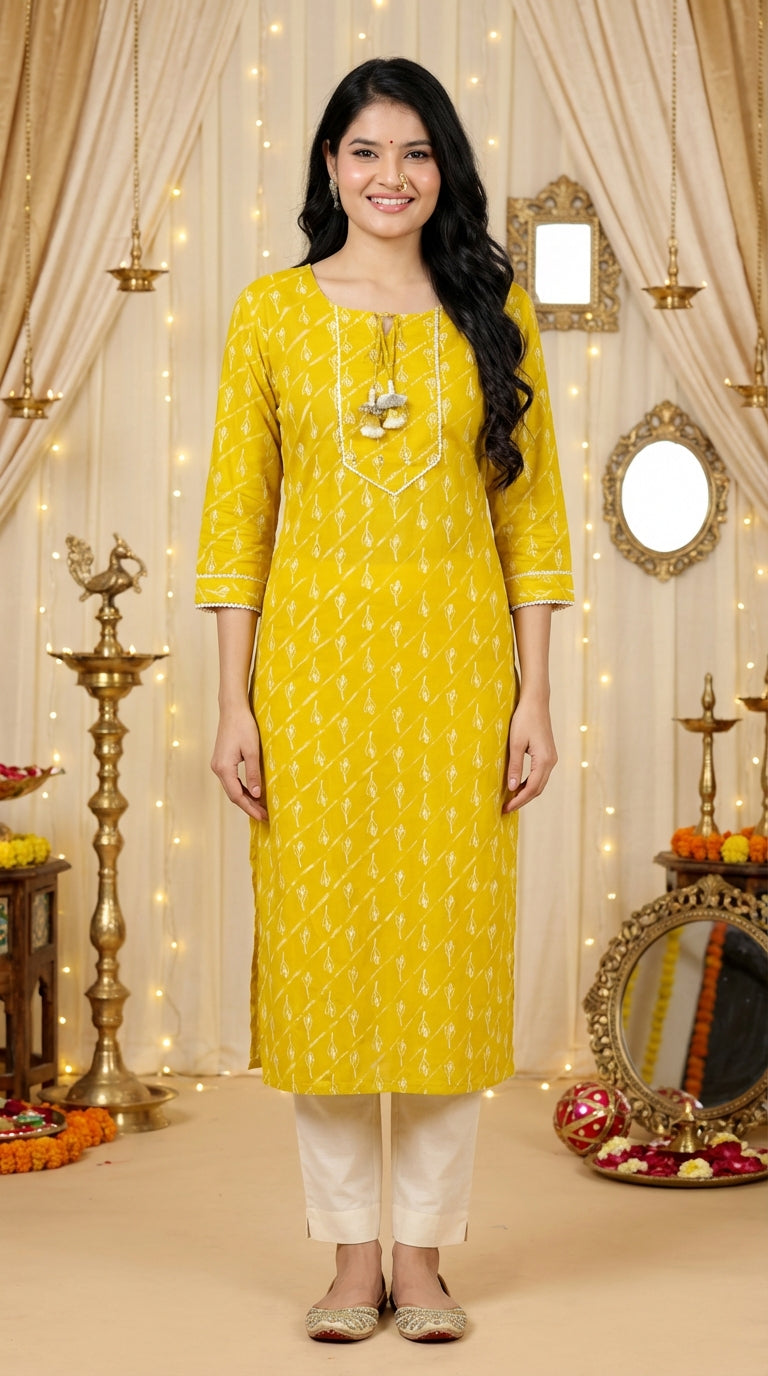 Yellow Cotton Straight Kurta-700023
