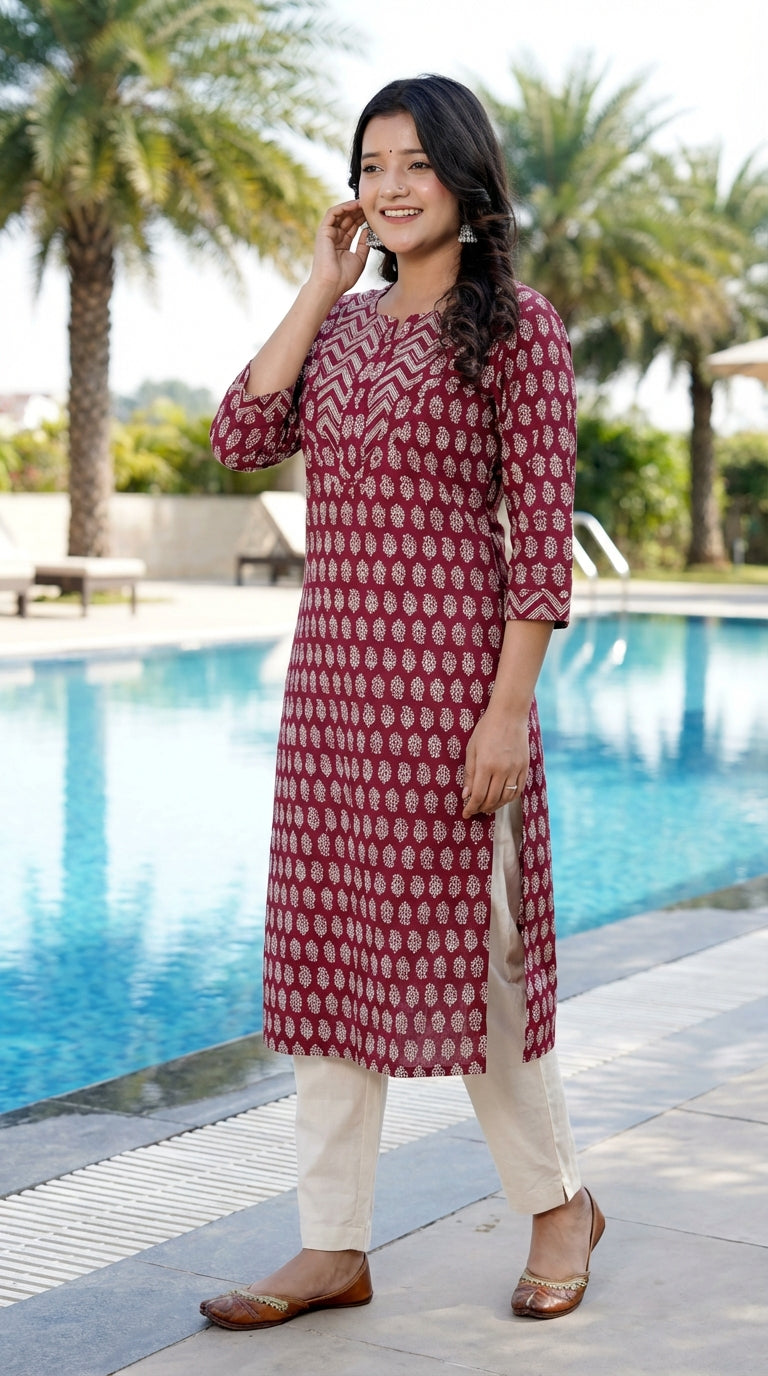 Maroon Cotton Straight Kurta-700025