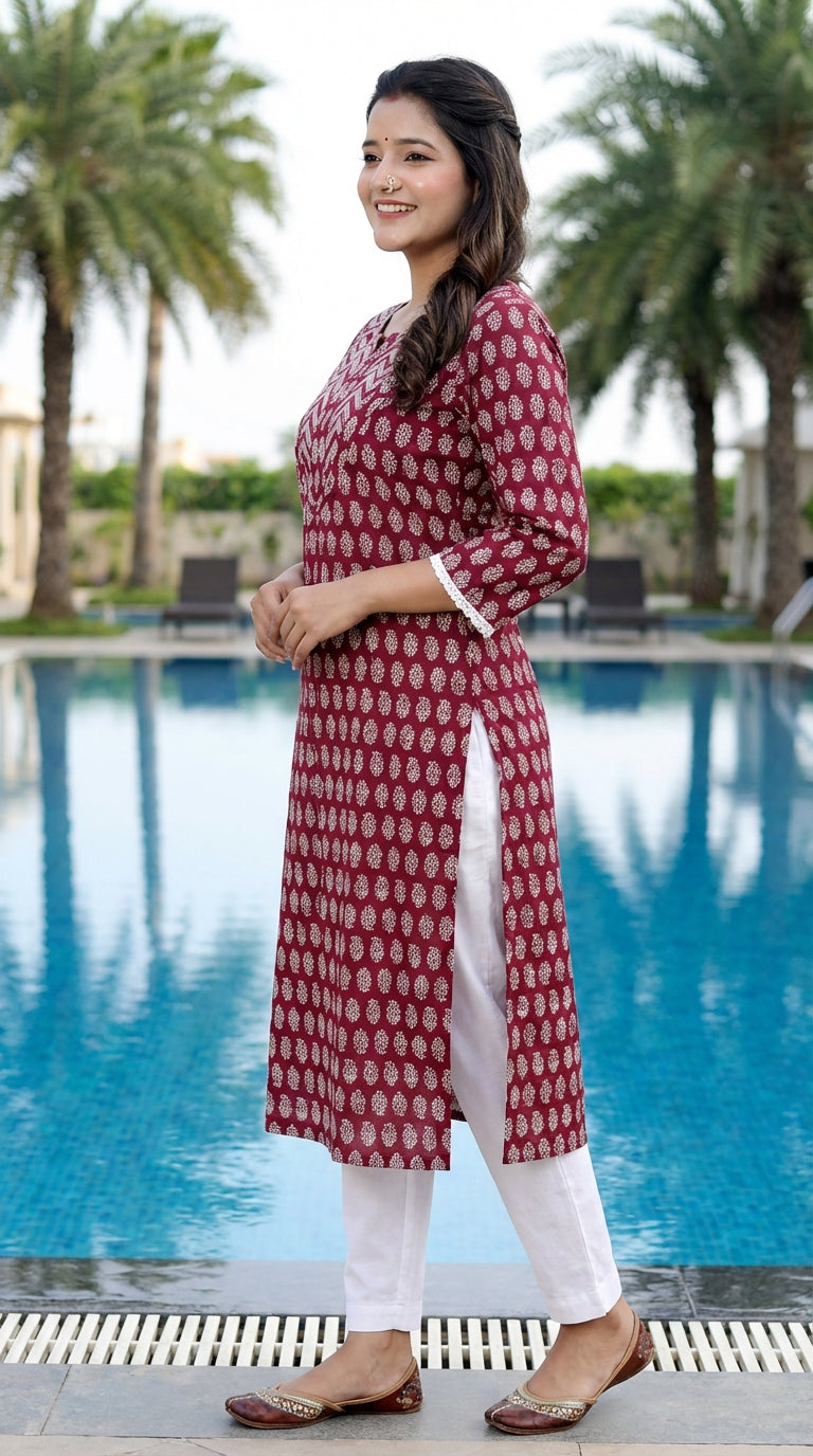 Maroon Cotton Straight Kurta-700025