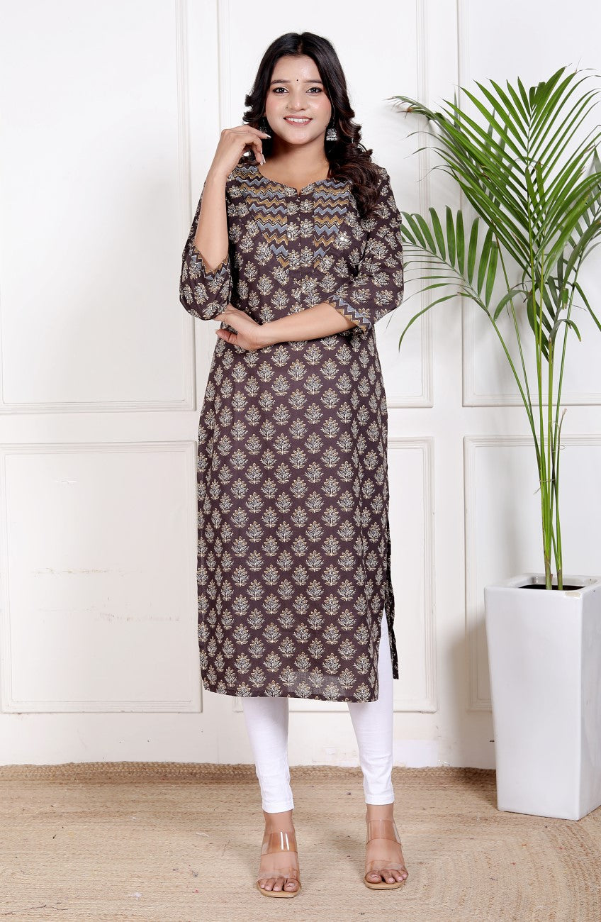 Brown Cotton Straight Kurta-700026
