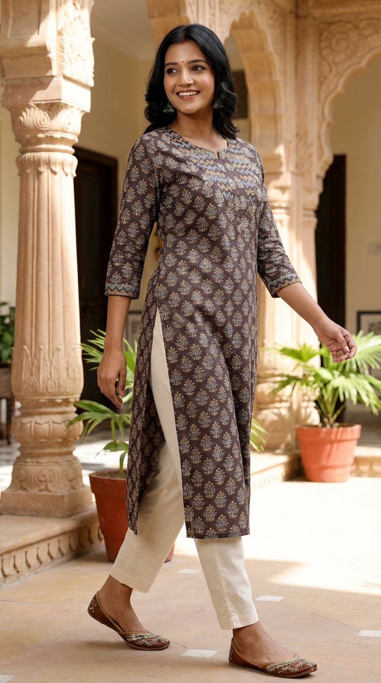 Brown Cotton Straight Kurta-700026