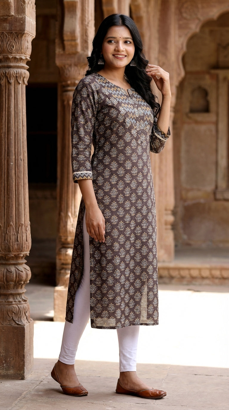 Brown Cotton Straight Kurta-700026