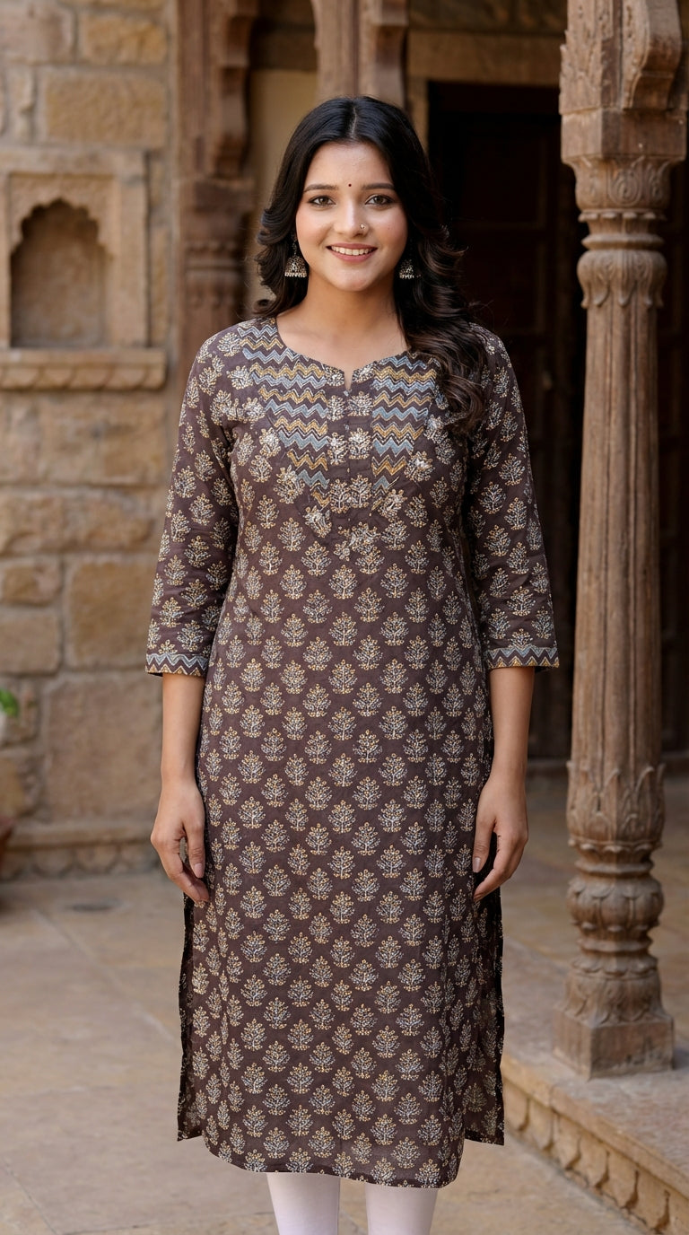 Brown Cotton Straight Kurta-700026