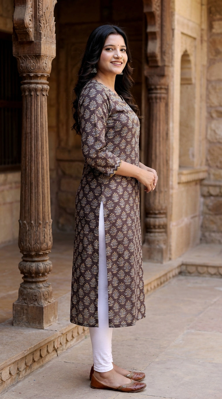 Brown Cotton Straight Kurta-700026