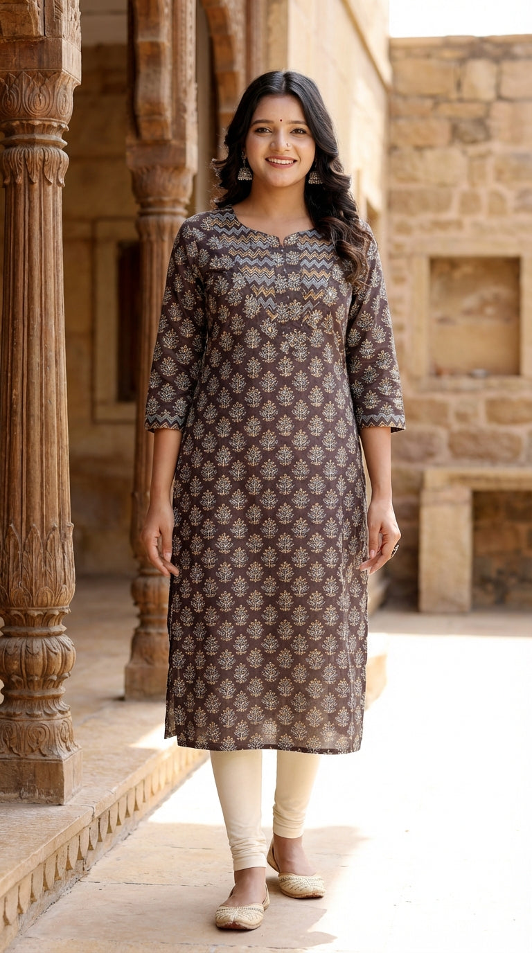 Brown Cotton Straight Kurta-700026