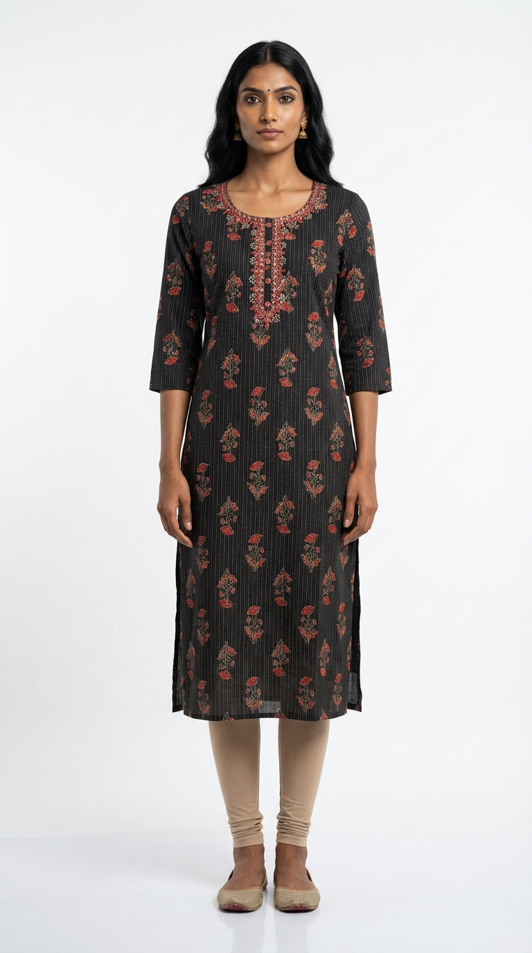 Black Cotton Straight Kurta-700029
