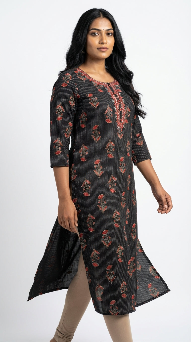 Black Cotton Straight Kurta-700029