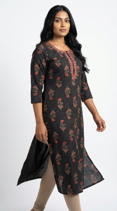 Black Cotton Straight Kurta-700029