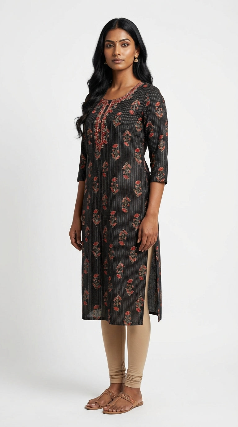 Black Cotton Straight Kurta-700029