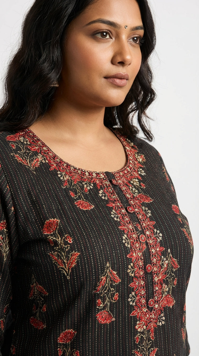 Black Cotton Straight Kurta-700029