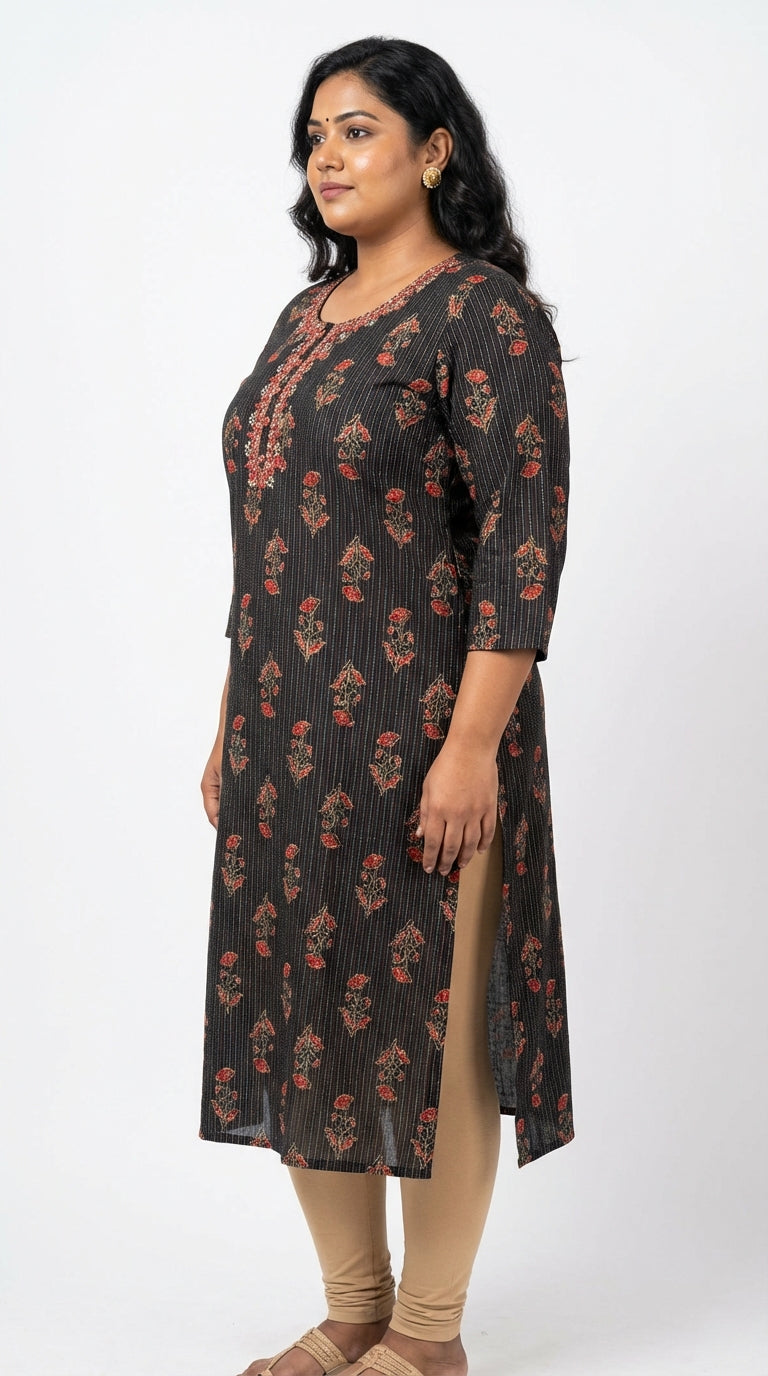 Black Cotton Straight Kurta-700029