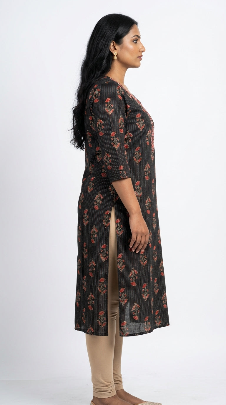 Black Cotton Straight Kurta-700029