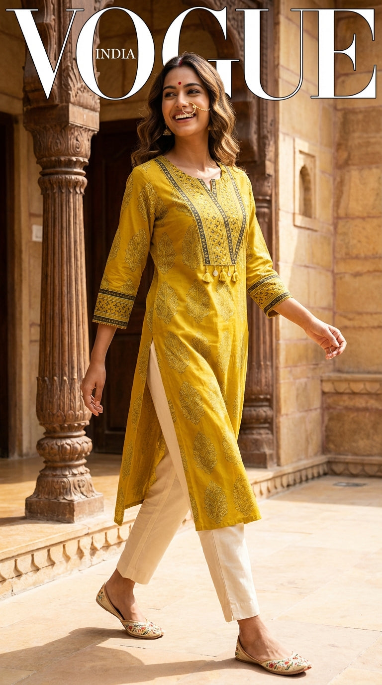 Yellow Cotton Straight Kurta-700032
