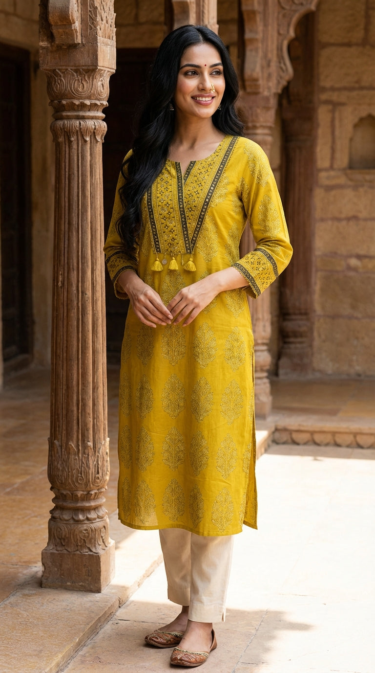 Yellow Cotton Straight Kurta-700032