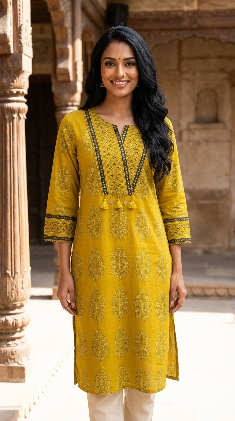 Yellow Cotton Straight Kurta-700032