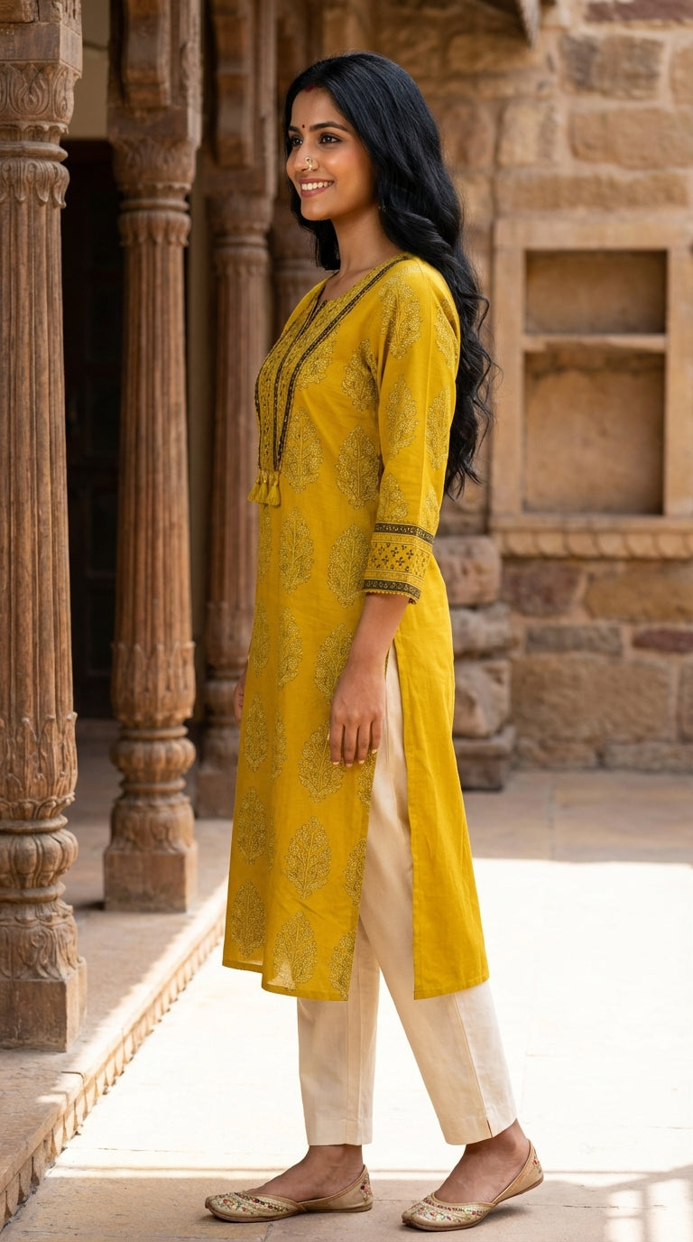 Yellow Cotton Straight Kurta-700032