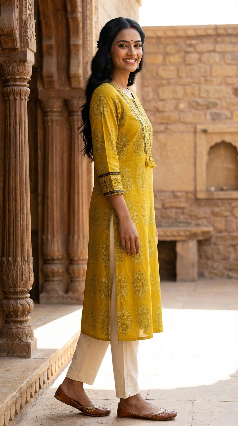 Yellow Cotton Straight Kurta-700032