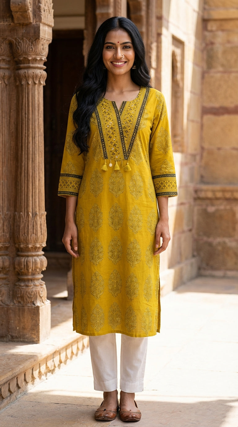 Yellow Cotton Straight Kurta-700032