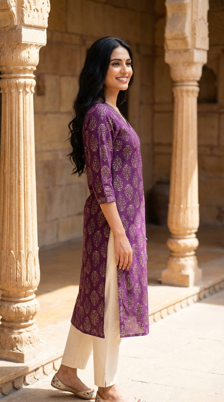 Purple Cotton Straight Kurta-700033