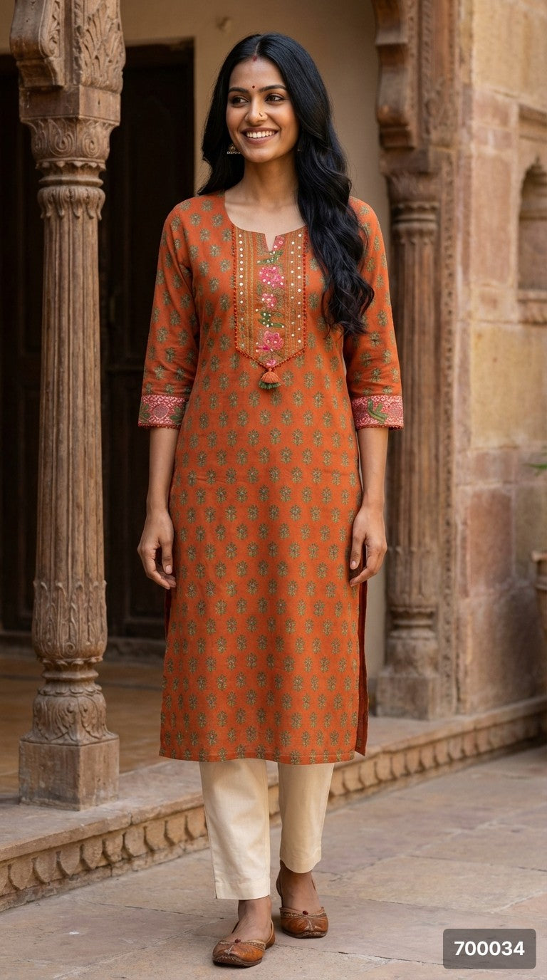Orange Floral Cotton Straight Kurta-700034