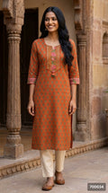 Orange Floral Cotton Straight Kurta-700034