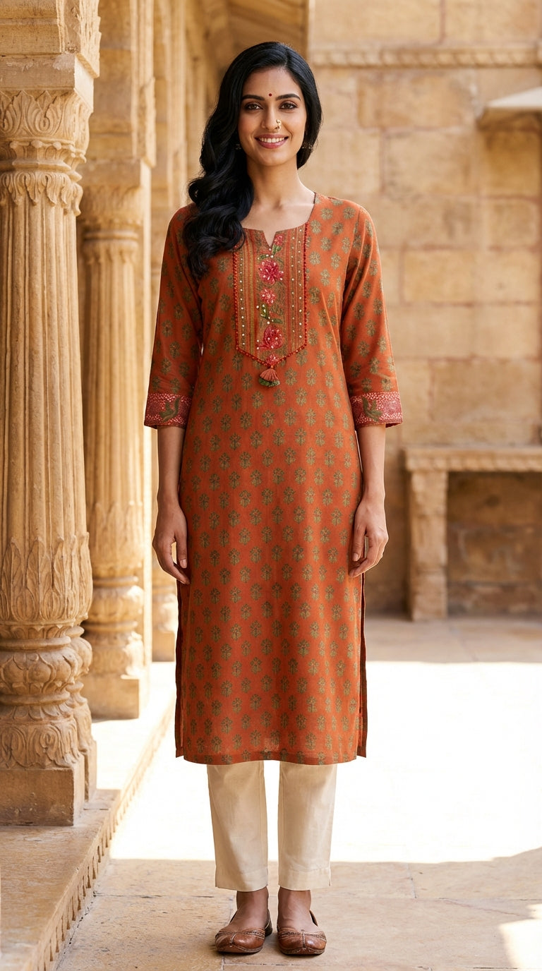 Orange Floral Cotton Straight Kurta-700034