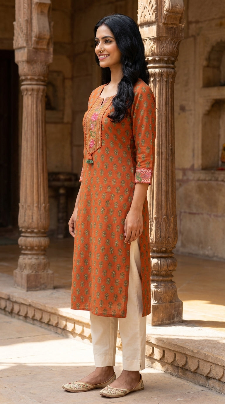 Orange Floral Cotton Straight Kurta-700034