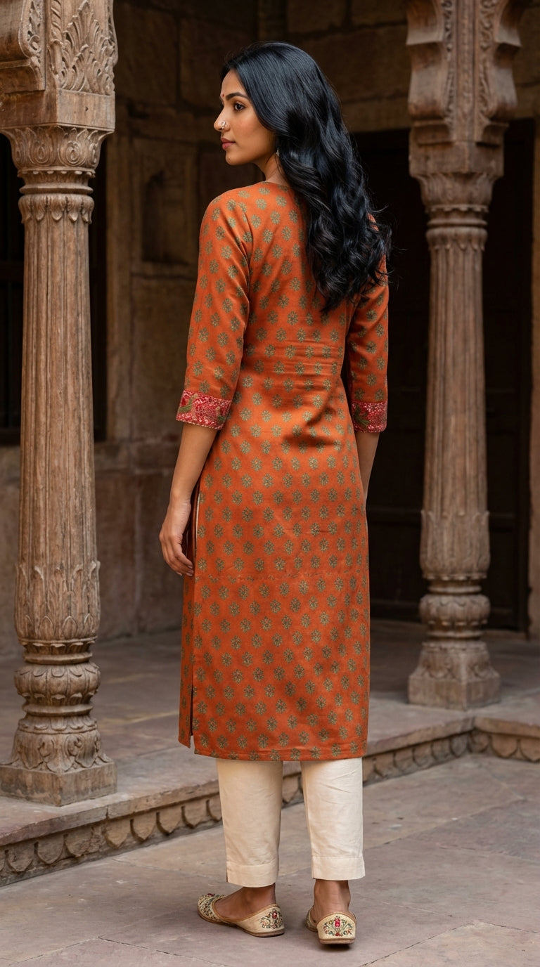 Orange Floral Cotton Straight Kurta-700034