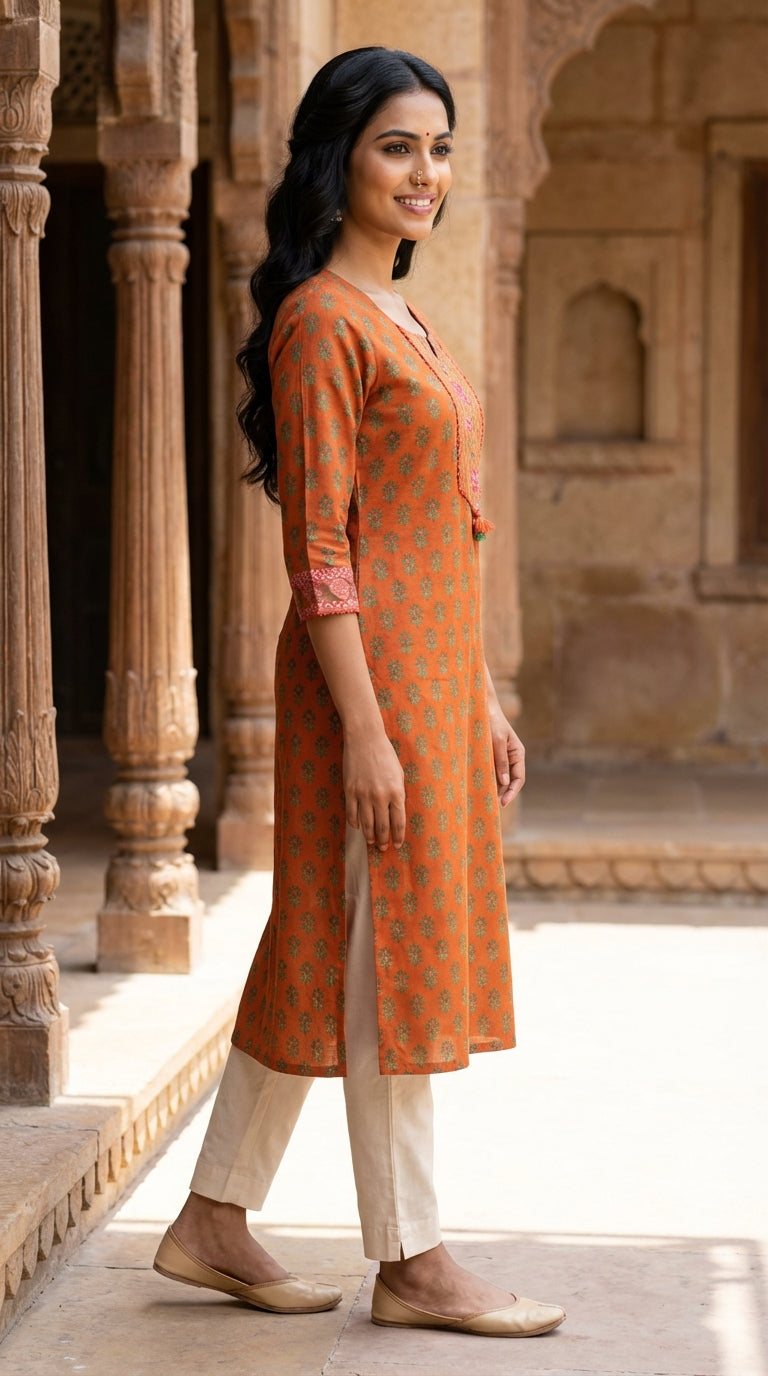 Orange Floral Cotton Straight Kurta-700034