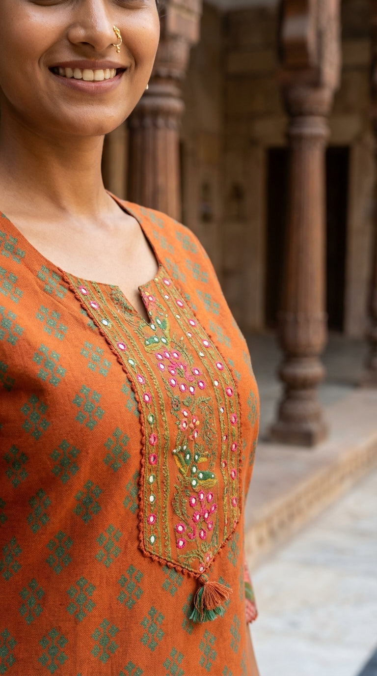 Orange Floral Cotton Straight Kurta-700034