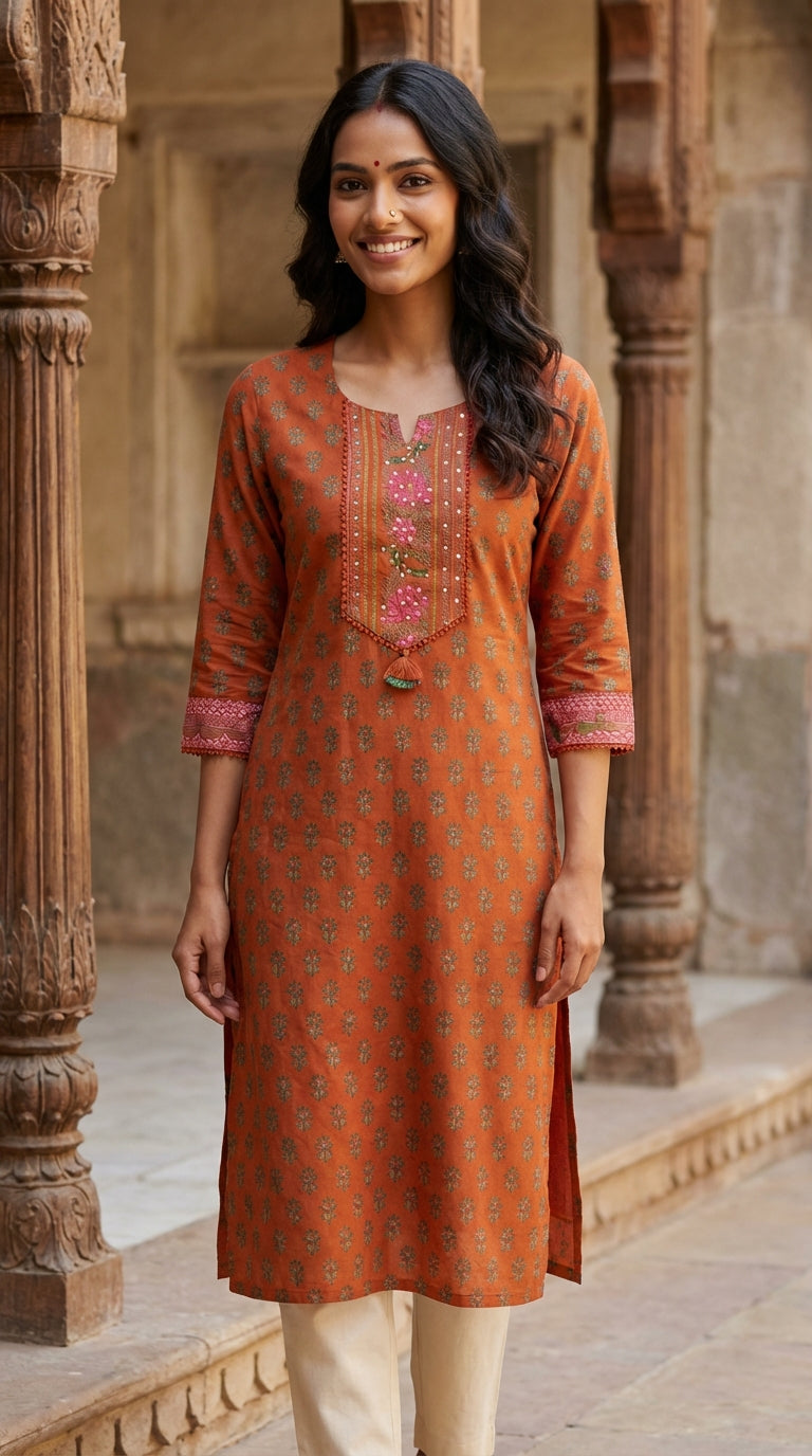 Orange Floral Cotton Straight Kurta-700034