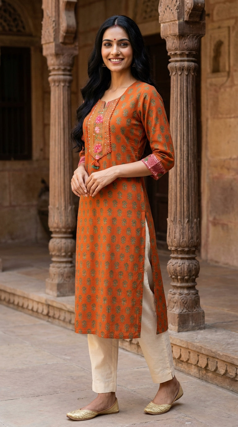 Orange Floral Cotton Straight Kurta-700034