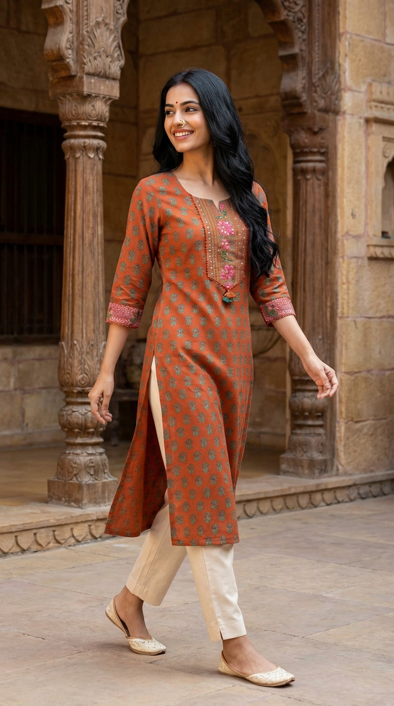 Orange Floral Cotton Straight Kurta-700034