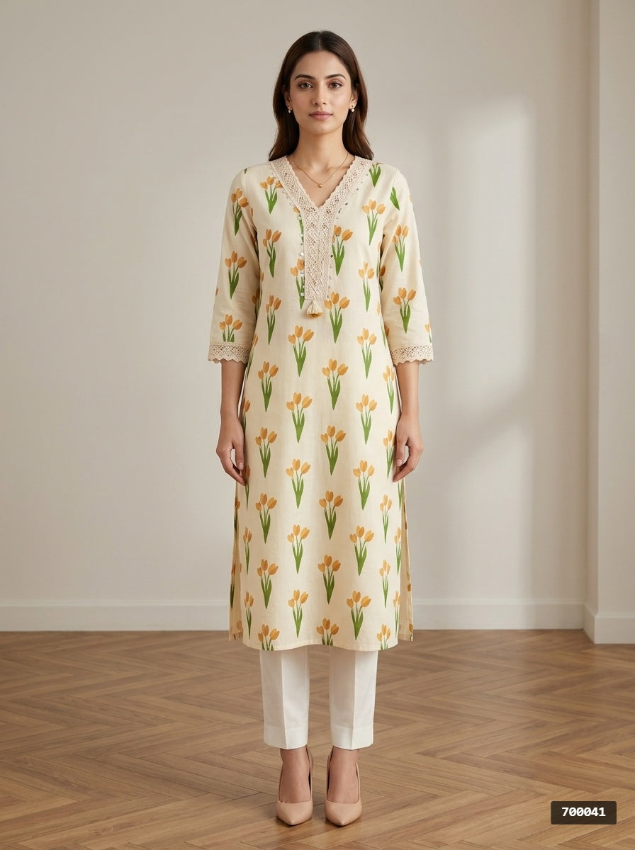 Off White Cotton Straight Kurta-700041