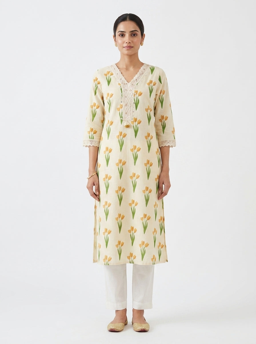Off White Cotton Straight Kurta-700041