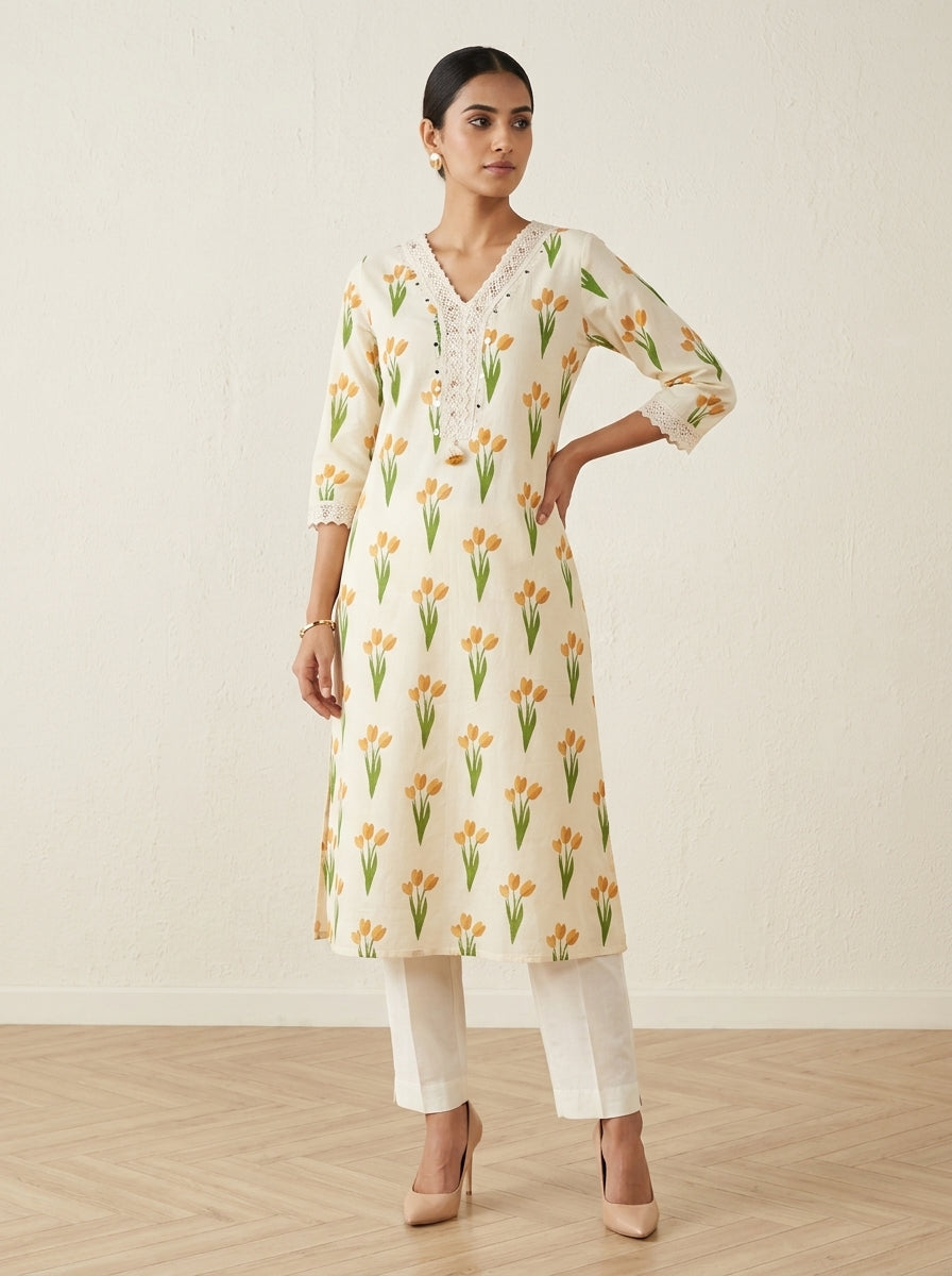 Off White Cotton Straight Kurta-700041