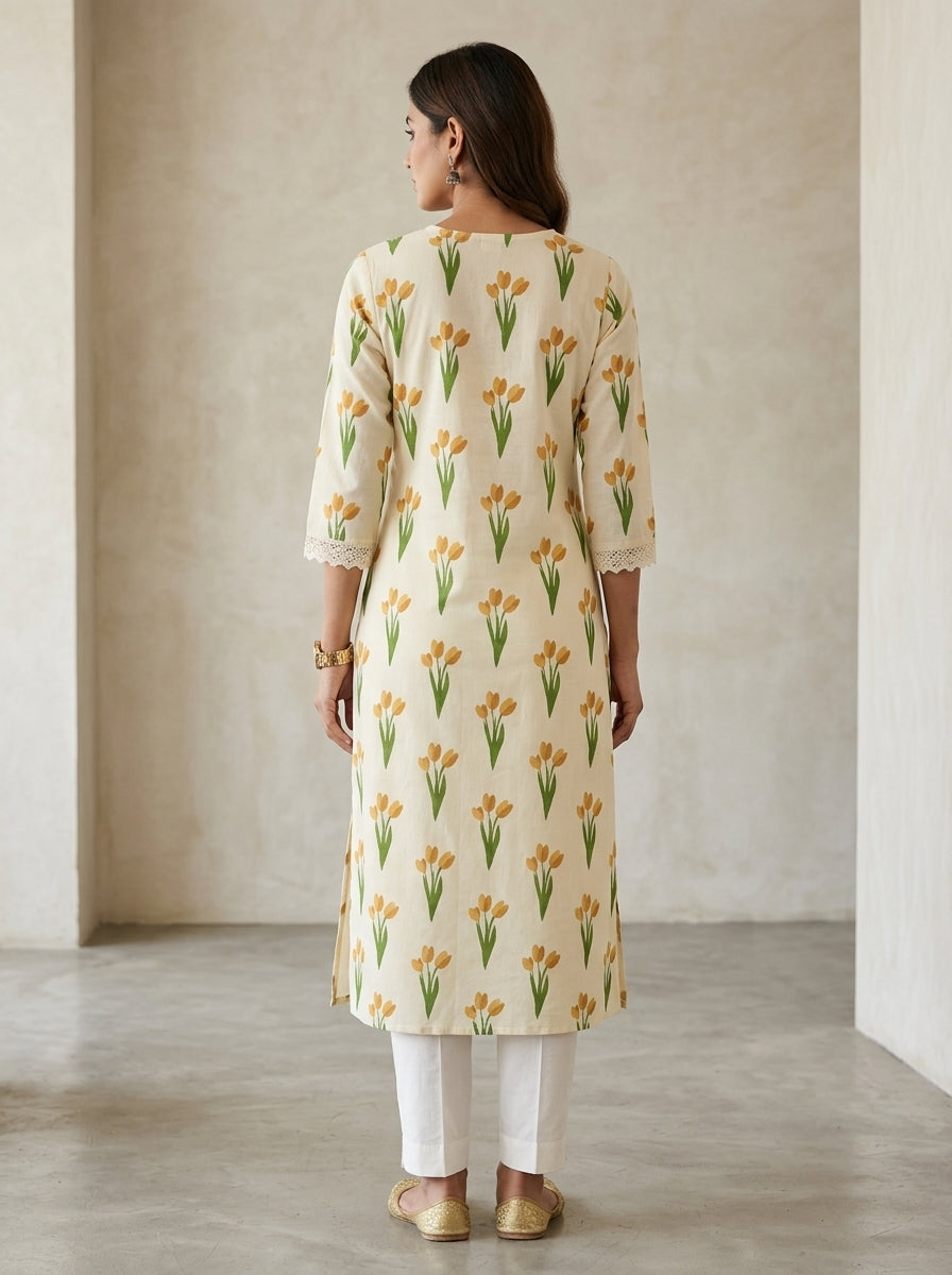 Off White Cotton Straight Kurta-700041