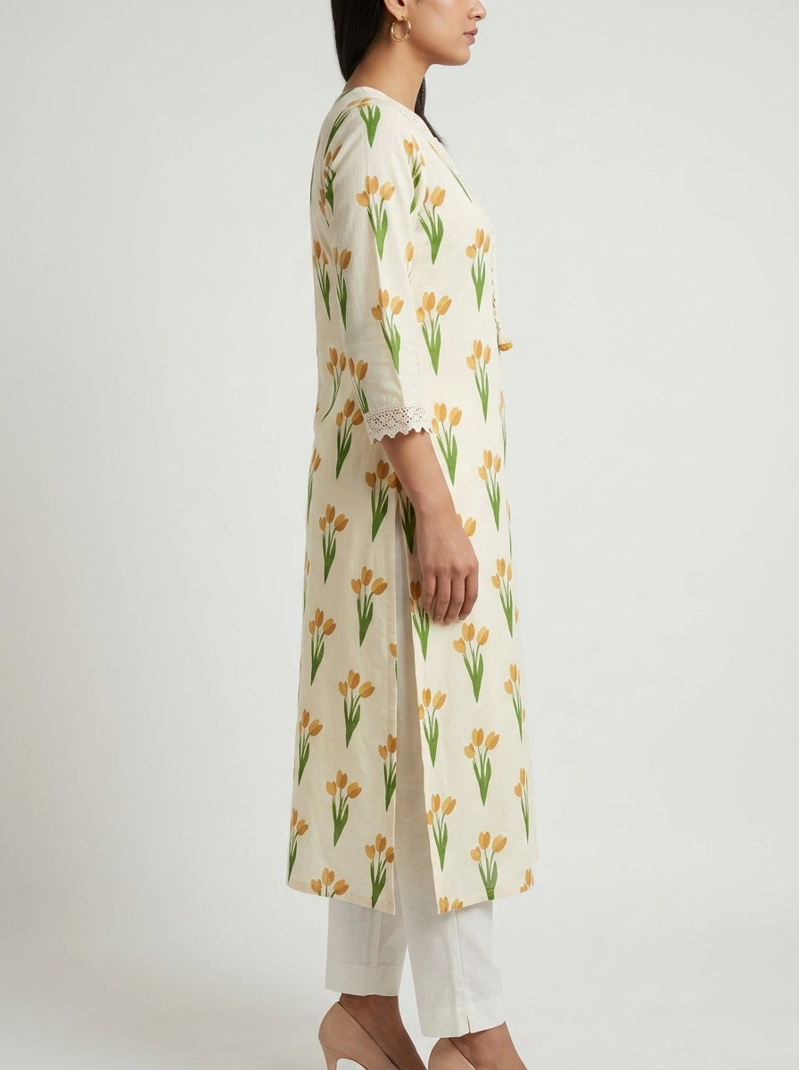 Off White Cotton Straight Kurta-700041