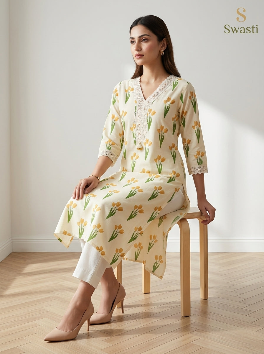 Off White Cotton Straight Kurta-700041