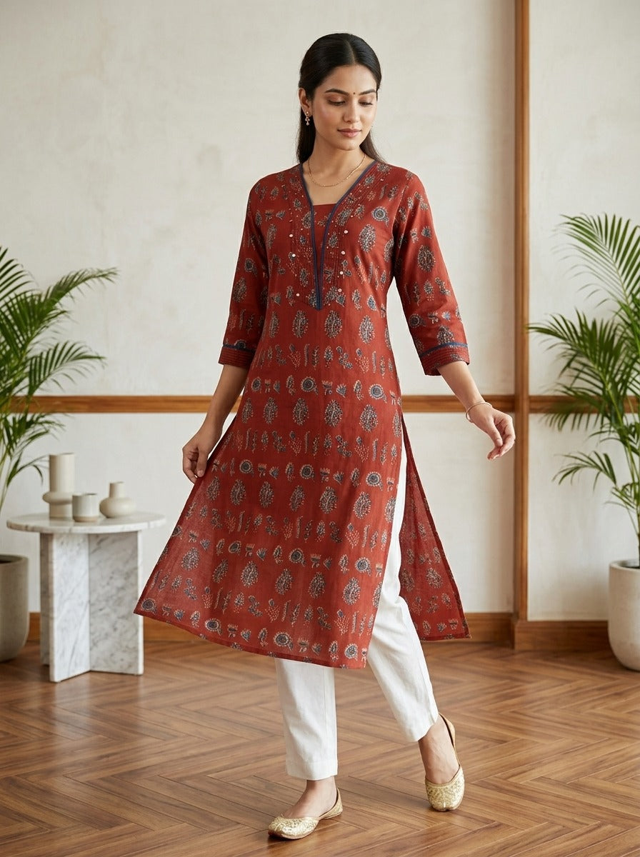 Maroon Cotton Straight Kurta-700042
