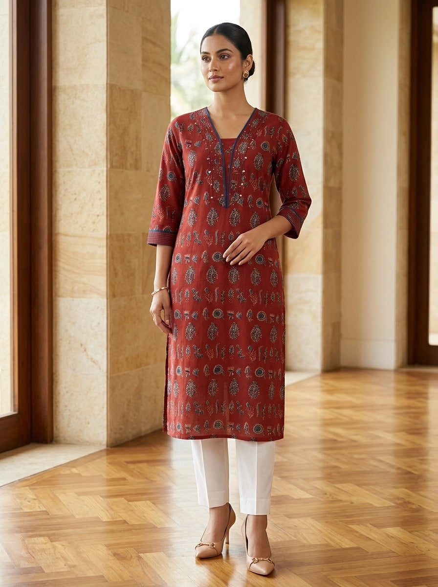 Maroon Cotton Straight Kurta-700042