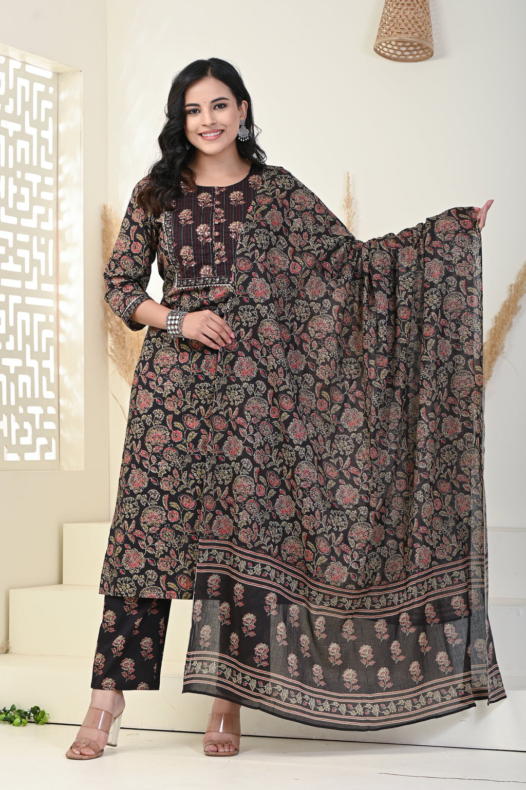 Black Cotton Kurta Pant Set with Dupatta-800004