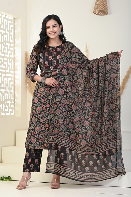 Black Cotton Kurta Pant Set with Dupatta-800004