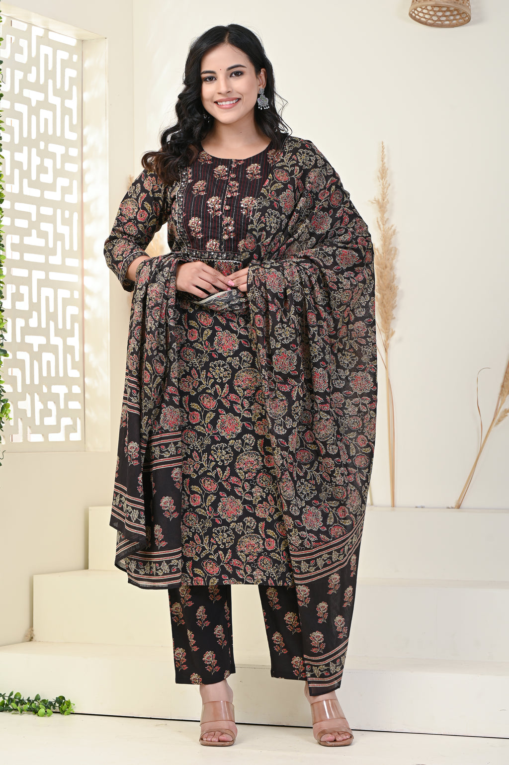 Black Cotton Kurta Pant Set with Dupatta-800004