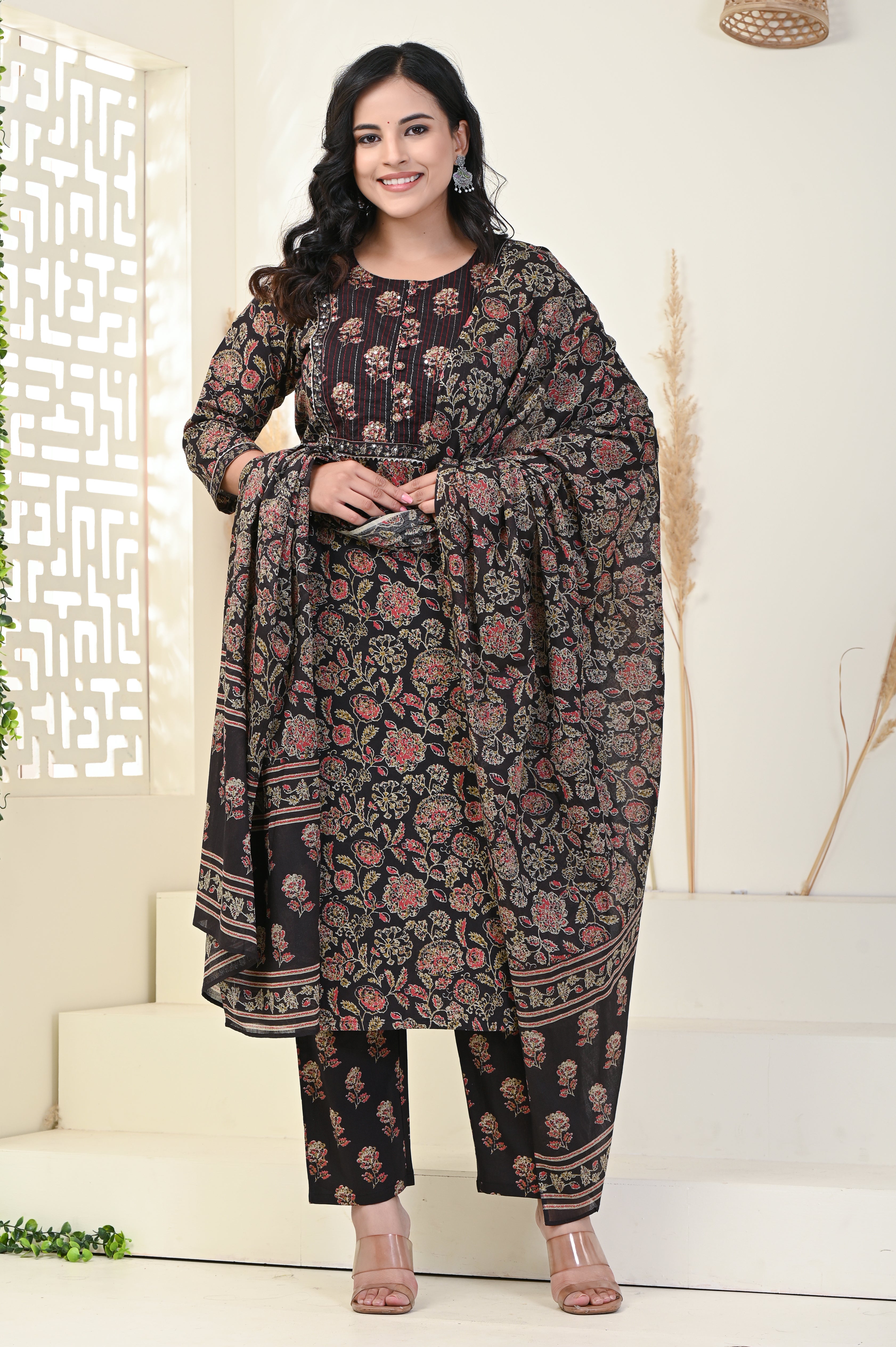 Black Cotton Kurta Pant Set with Dupatta-800004